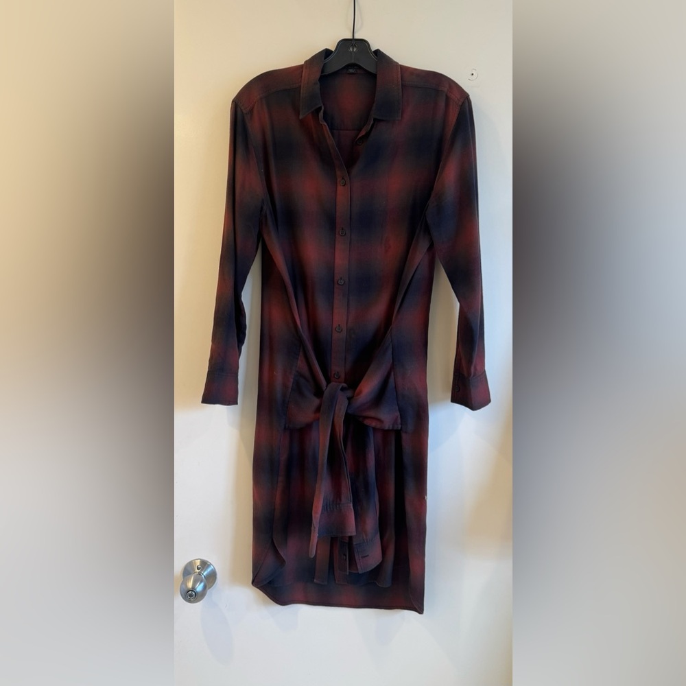 All Saints Women’s size 6 maroon and black plaid shirt-dress.